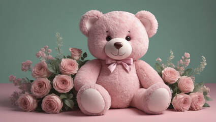 a pink teddy bear sits amongst the pink roses on a table