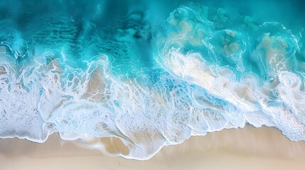 Beach, waves in the sea, white sand beach, top view, blue water wave background, light color. For Design, Background, Cover, Poster, Banner, PPT, KV design, Wallpaper