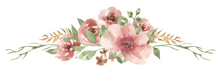 Watercolor pink flowers and greenery flowers border, garden florals bouquet illustration