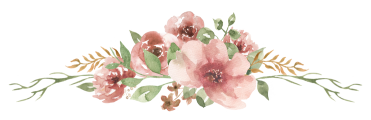 Watercolor pink flowers and greenery flowers border, garden florals bouquet illustration