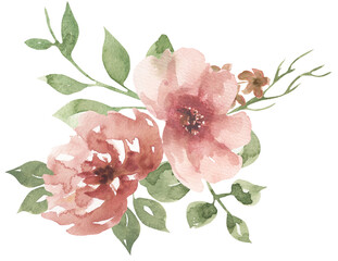 Watercolor pink flowers and greenery flowers border, garden florals bouquet illustration - 783635768