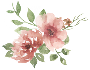 Watercolor pink flowers and greenery flowers border, garden florals bouquet illustration