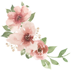 Watercolor pink flowers and greenery flowers border, garden florals bouquet illustration - 783635770