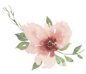 Watercolor pink flowers and greenery flowers border, garden florals bouquet illustration - 783635790