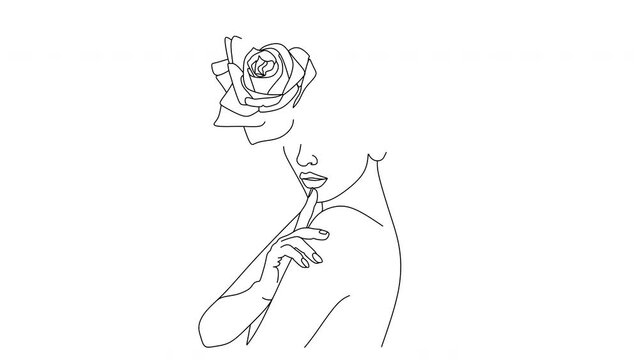 Abstract face with flowers by one line vector drawing. Portrait minimalistic style. Botanical print. Nature symbol of cosmetics. Modern continuous line art. Fashion print. Beaty salon logo.