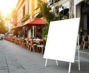 Menu offerings. white chalkboard is propped up on a wooden stand in front of summer cafe. Outdoor empty restaurant terrace with potted plants tables and chairs. european exterior. mockup frame mock up