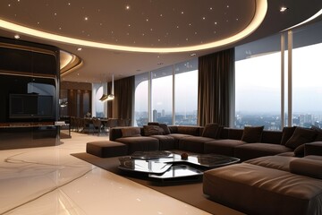 Interior view of a spacious and luxurious penthouse living room, featuring a sectional sofa, modern lighting, and a cityscape through floor-to-ceiling windows...