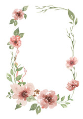 Watercolor pink flowers and greenery  frame, garden florals bouquet illustration, wreath clipart - 783635968