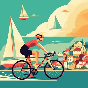 AI generated illustration of a cartoon man cycling on ocean water by buildings
