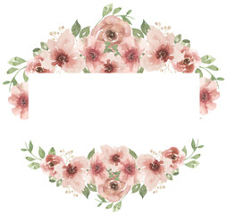 Watercolor pink flowers and greenery  frame, garden florals bouquet illustration, wreath clipart