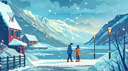 Couple in love walking on snowy road. Winter landscape with mountains. Vector illustration - obrazy, fototapety, plakaty