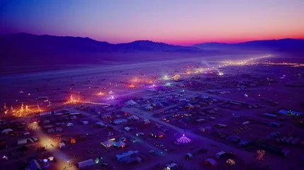 Foto op Plexiglas anti-reflex A mesmerizing bird's-eye view of Burning Man, with art installations and camps sprawling across the Nevada desert at dusk. © Sasint