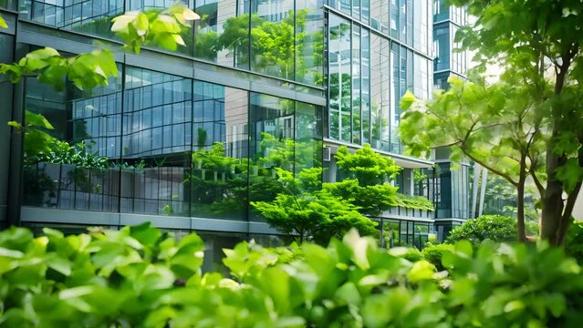Architecture a modern glass building with a lot of green plants trees and bushes for business architecture environmental friendly, design, exterior, sky, garden