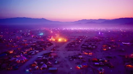 Fototapeten A mesmerizing bird's-eye view of Burning Man, with art installations and camps sprawling across the Nevada desert at dusk. © Sasint