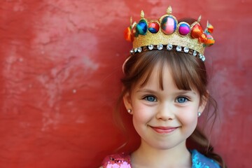 Little birthday girl with a gentle smile, wearing a shimmering tiara. on bright red background with copy space..