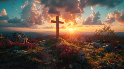 A symbol of Jesus Christ's death and resurrection, stands against a sky filled with light and...