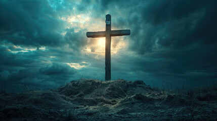A symbol of Jesus Christ's death and resurrection, stands against a sky filled with light and...