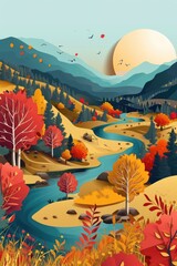 Intricate paper art depicting a vibrant autumn landscape with snowy mountains, a winding river, and colorful fall foliage..