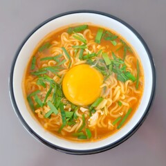 Korean spicy instant noodle, Ramyun, with egg yolk