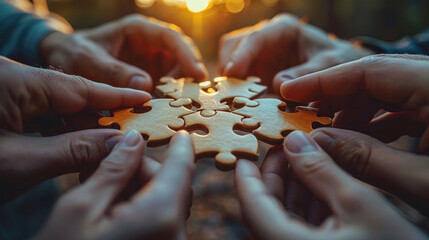Close up of Business people collaborate, joining puzzle pieces symbolizing teamwork, partnership, unity, and charity.