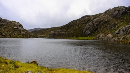 Black Lagoon (Lagunas Negras) lake, Paramo de Santurban between hills at autumn in nature preserve