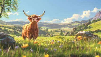 Against a backdrop of rolling hills and clear blue skies, a Highland cow with endearing bunny ears gazes serenely into the distance, embodying the essence of Easter joy and renewal.   