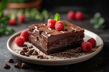 Gourmet chocolate dessert elegantly presented on the plate. Artfully crafted temptation, pure chocolate elegance.
