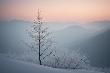 a lone tree standing on top of snow covered ground with mountains in the distance