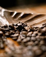 Selective focus of brown coffee beans on a plate