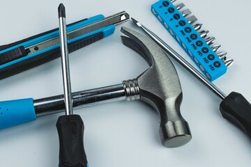 Closeup view of a set of tools isolated on a white background