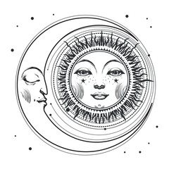 Sun with face and crescent moon, mystical boho illustration, astrology print, horoscope icon for witch. Magic hand drawing isolated on white background.