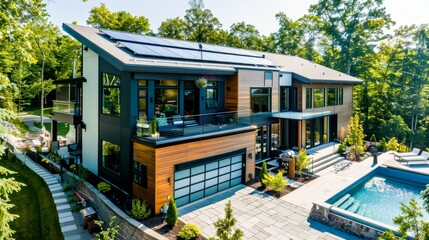 Obraz premium A modern home powered by solar panels, showcasing renewable energy in everyday living.