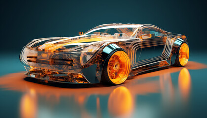 A futuristic car with a blue headlight and a silver body