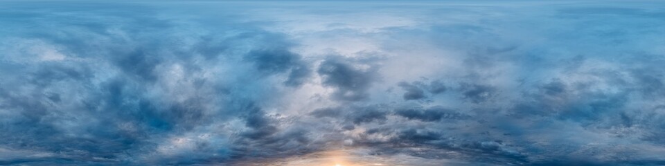 Dramatic overcast sky panorama with dark gloomy Cumulonimbus clouds. HDR 360 seamless spherical panorama. Sky dome in 3D, sky replacement for aerial drone panoramas. Climate and weather change.