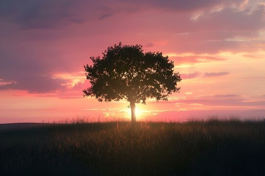 Sun setting behind an acacia tree on the savanna's edge, AI-generated.