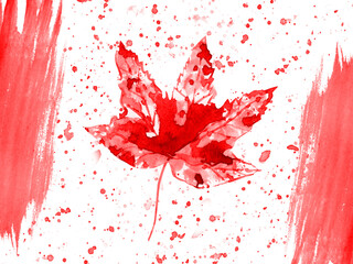 Happy Canada Day greeting card. 1 July of Independence Canada. Celebration composition with maple leaf, brush strokes and splashes in red colors. Watercolor illustration isolated on white background. - obrazy, fototapety, plakaty