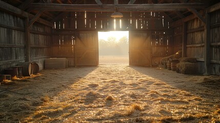 a barn filled with lots of hay and a lot of animals inside - obrazy, fototapety, plakaty