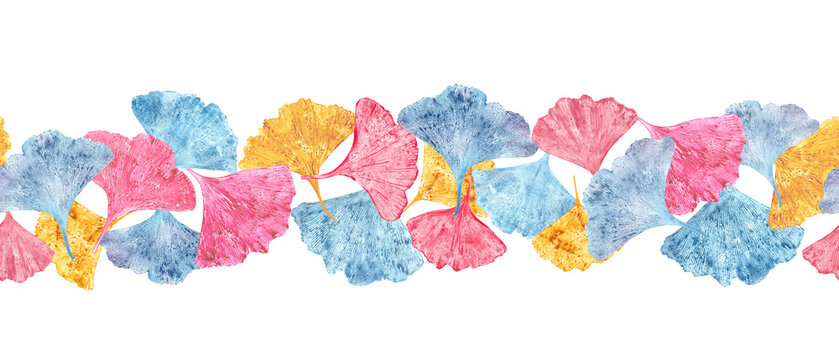 Seamless border with leaf imprints. Blue, pink, golden biloba leaves. Banner isolated on white background. Ginkgo, palm, dry abstract fan leaves. Watercolor illustration of leaf silhouettes