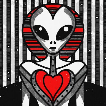 AI generated illustration of n alien creature with a red heart against a striped backdrop