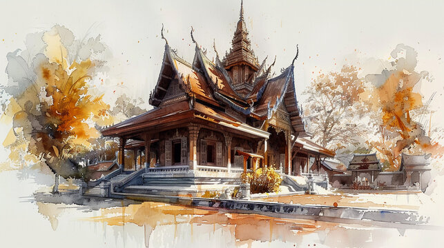 Watercolor Painting of a Thai Temple
