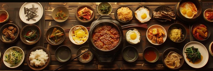 Traditional Korean food, Korean Fried chicken with spicy sauce  with rice, seaweed,fresh raw crabs marinated,spicy Rice Cake and Kimchi pickle on wooden table. - obrazy, fototapety, plakaty