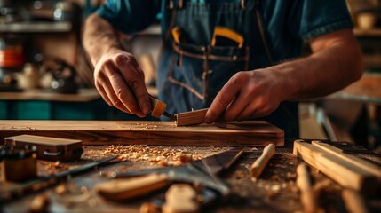 AI generated illustration of a man working with wooden pieces in a workshop - obrazy, fototapety, plakaty