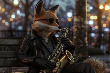 A fox playing a saxophone - obrazy, fototapety, plakaty