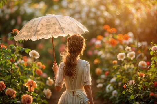 AI generated illustration of a young woman dressed in Victorian style, in a garden with an umbrella