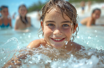 A photo of happy boys playing in the water at beach, children having fun on summer vacation at sea, kids laughing and splashing with joy, clear blue sky background Generative AI