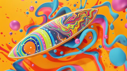 Surfboard and waves in a psychedelic pattern  3d style isolated flying objects memphis style  3d render   AI generated illustration - obrazy, fototapety, plakaty