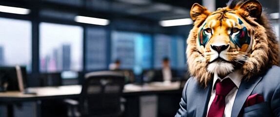  Business Lion wearing suits in an office, seated in front of a commanding monitor analyze complex data sets in real-time, with a digital interface overlaid onto the scene that high - obrazy, fototapety, plakaty