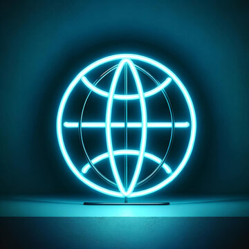 a neon globe is pictured in a dark room as neon signs show different colors