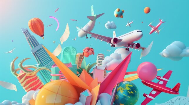 Surreal and colorful travel motifs hovering in mid-air  3d style isolated flying objects memphis style  3d render  AI generated illustration