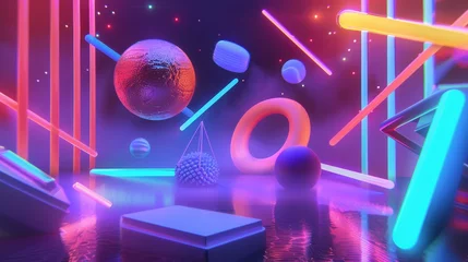 Deurstickers Surreal objects floating in a neon dreamscape  3d style isolated flying objects memphis style  3d render   AI generated illustration © ArtStage